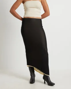 Amerie Asymmetric Hem Contrast Mesh Midi Skirt in Black