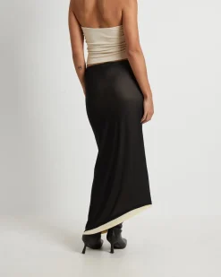 Amerie Asymmetric Hem Contrast Mesh Midi Skirt in Black