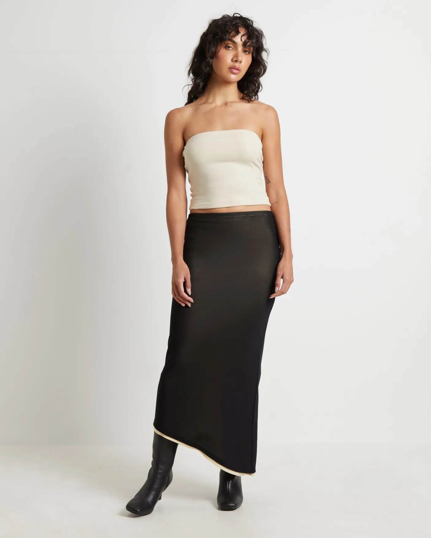 Amerie Asymmetric Hem Contrast Mesh Midi Skirt in Black