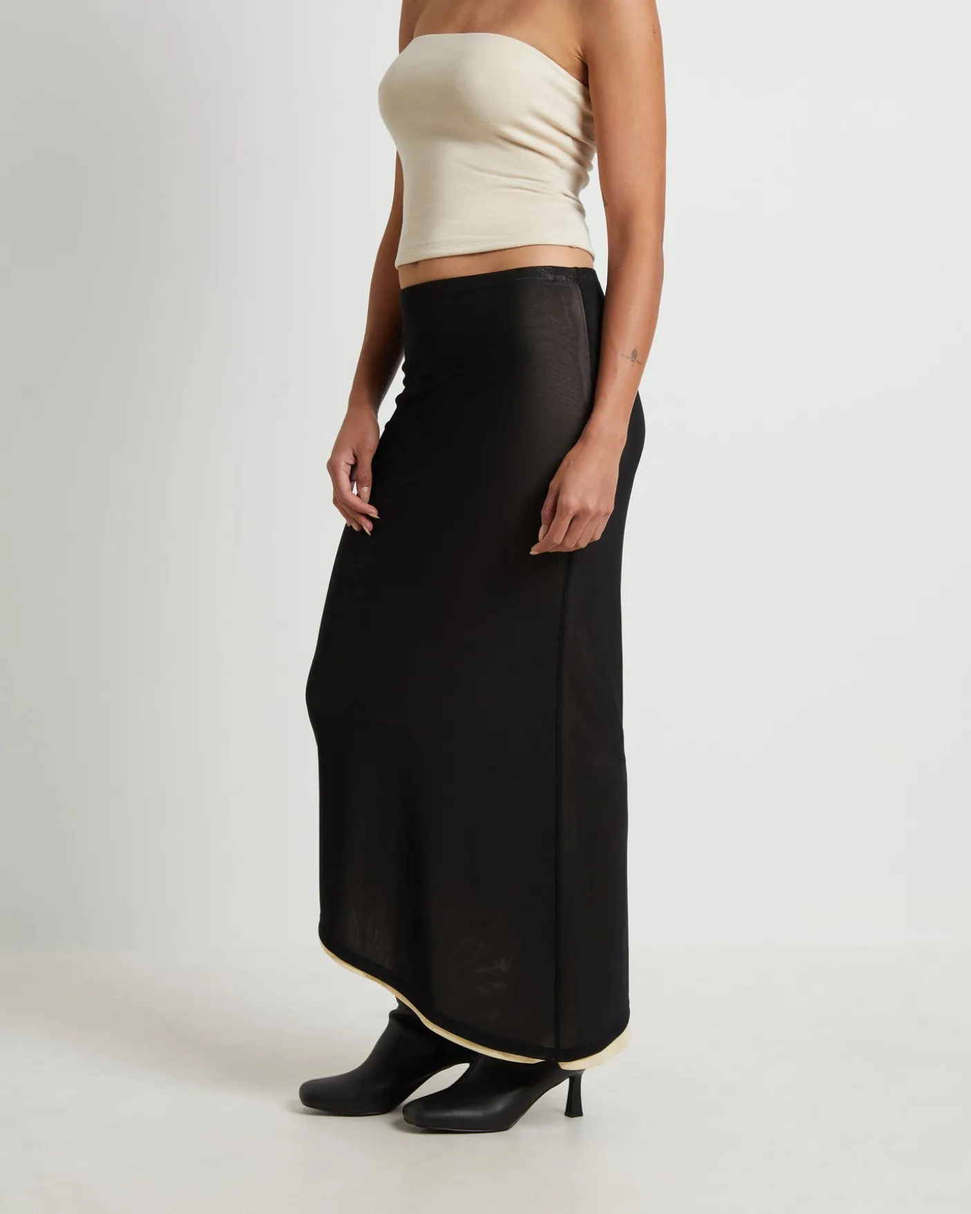 Amerie Asymmetric Hem Contrast Mesh Midi Skirt in Black