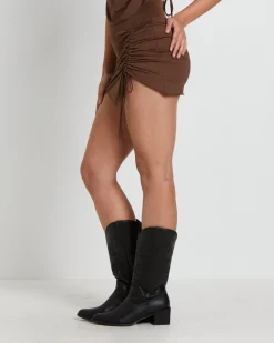 Amity Asymmetric Hem Ruched Mini Skirt in Brown