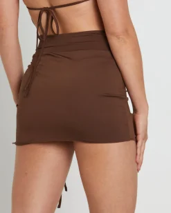Amity Asymmetric Hem Ruched Mini Skirt in Brown