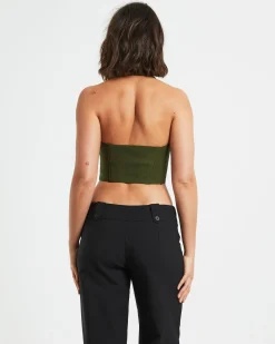 Athena Zip Front Halter Neck Corset in Khaki Green
