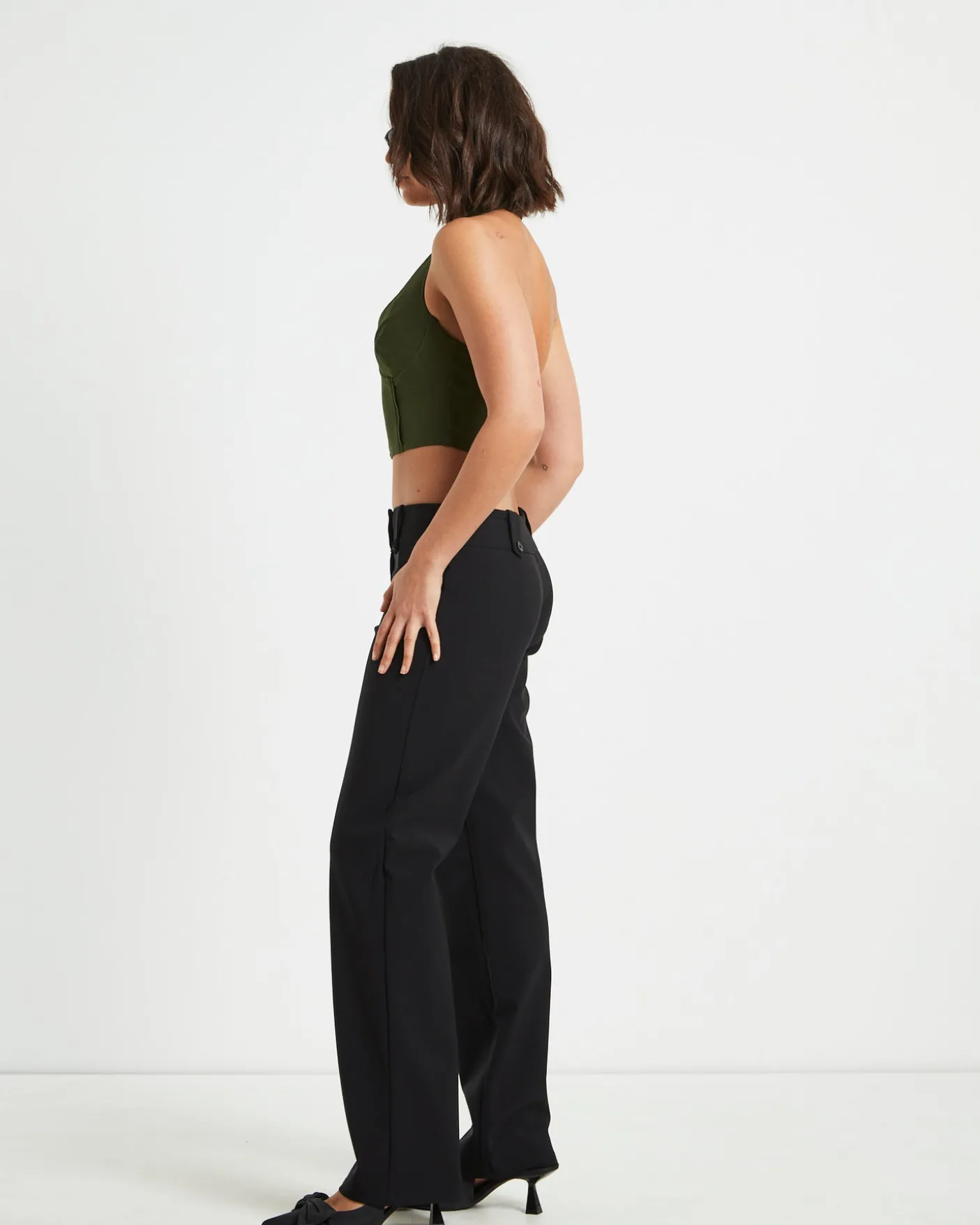 Athena Zip Front Halter Neck Corset in Khaki Green