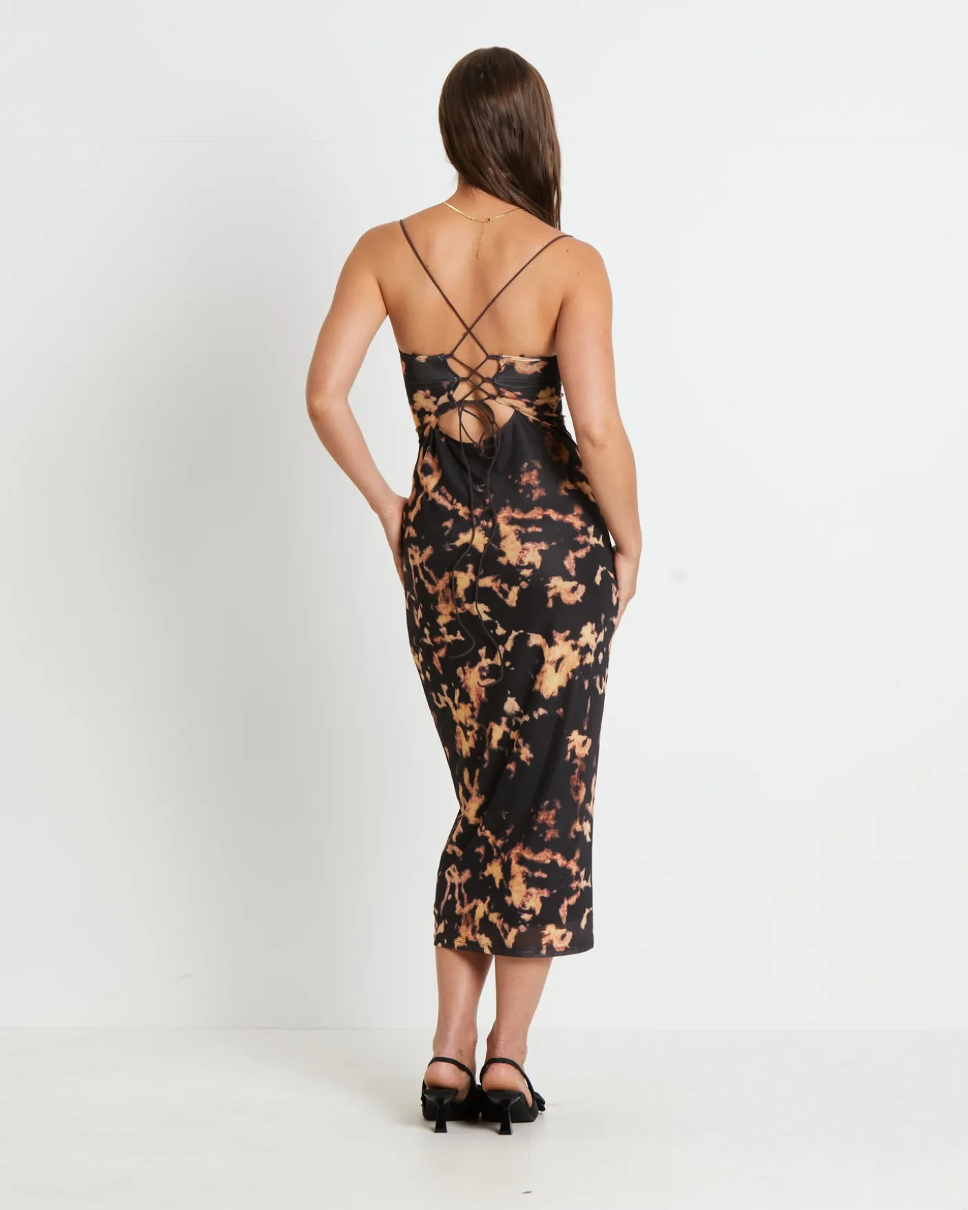Carmen Dark Cloud Mesh Midi Dress in Brown