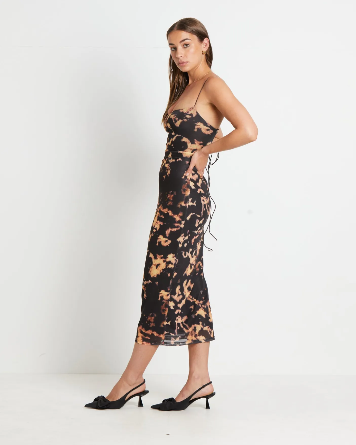 Carmen Dark Cloud Mesh Midi Dress in Brown