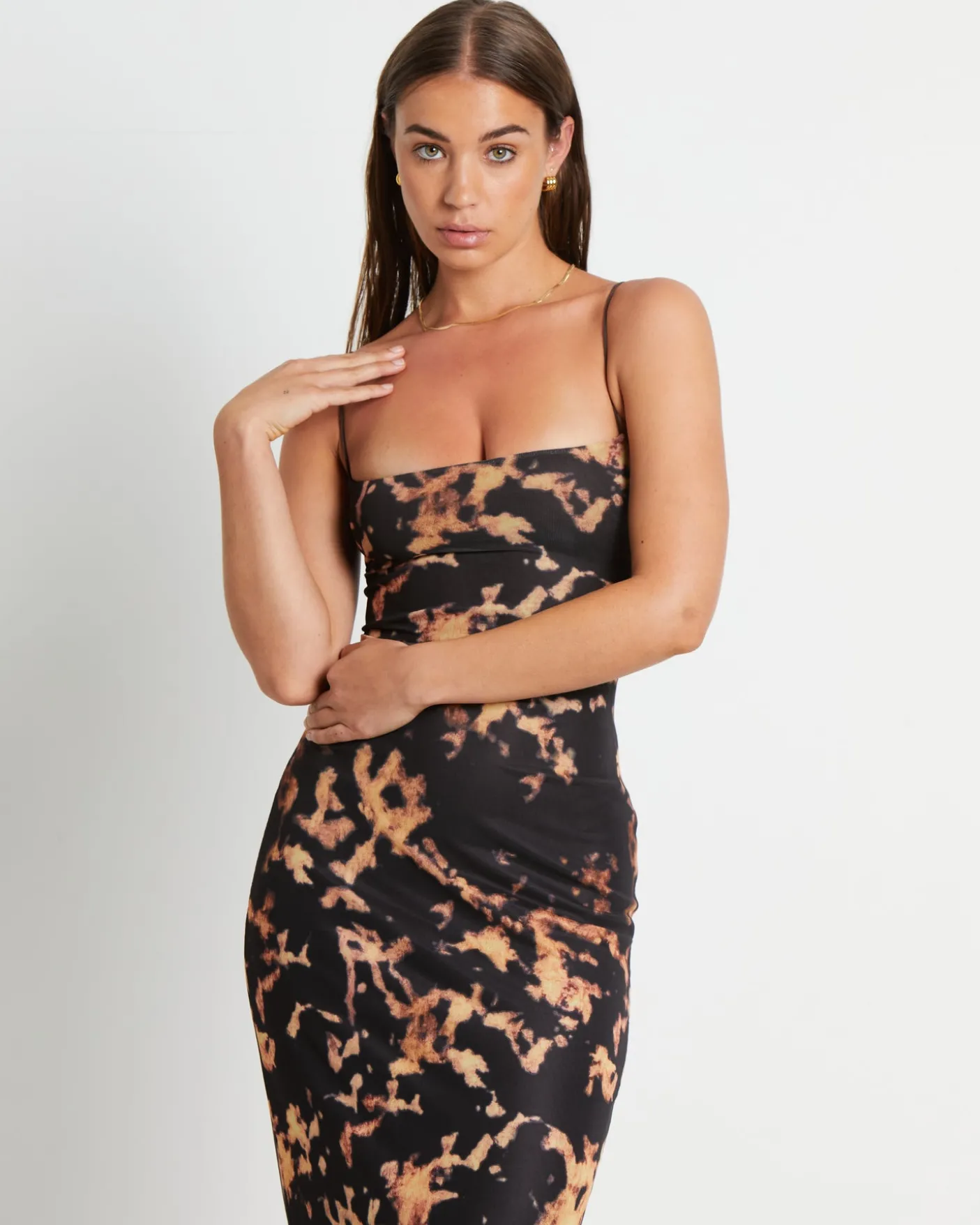 Carmen Dark Cloud Mesh Midi Dress in Brown