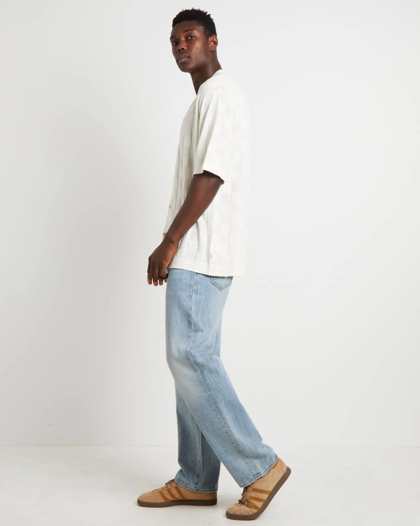 Checker Knit Short Sleeve Shirt in Natural