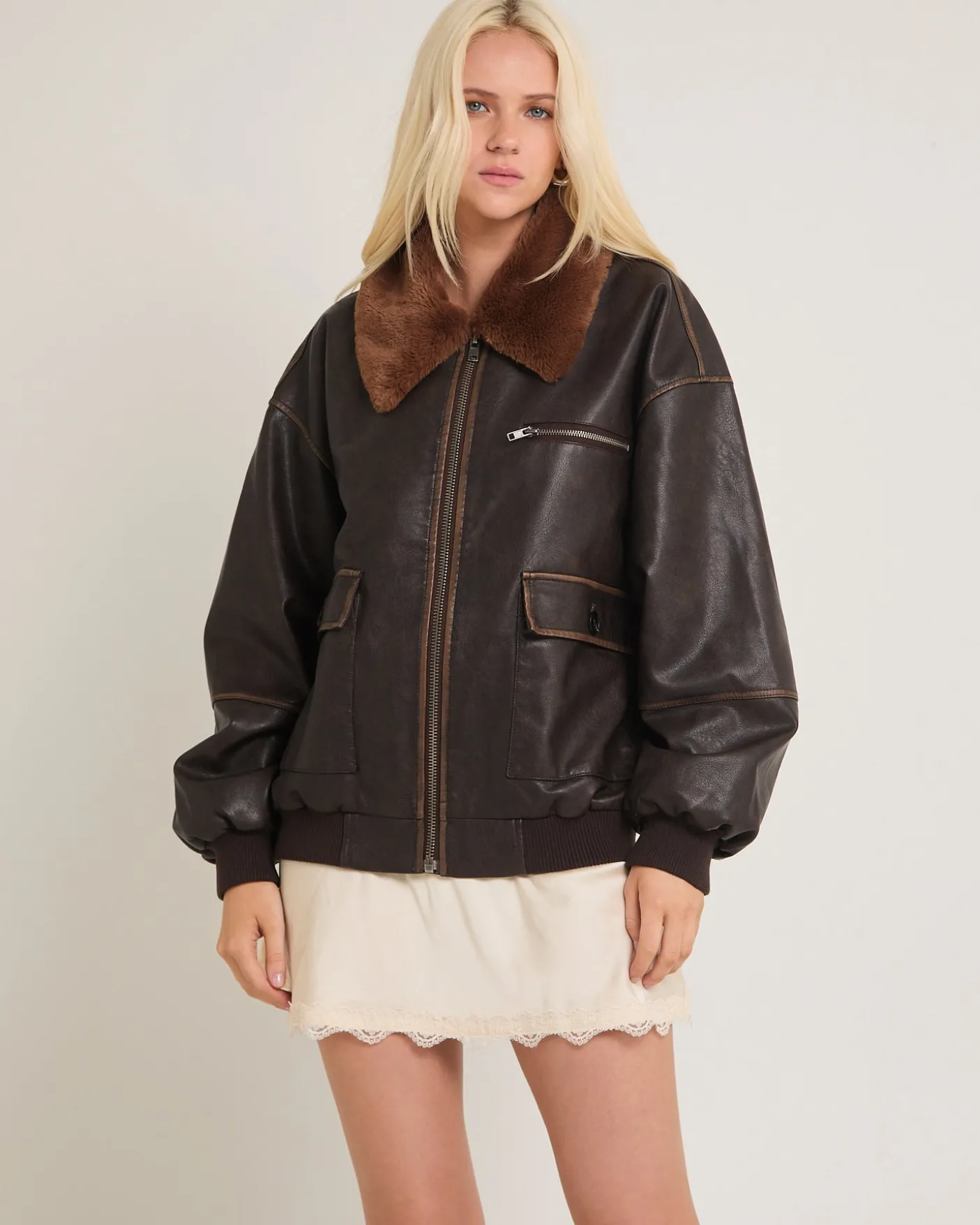 Cody Fur Trim Distressed PU Jacket
