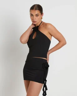 Dovie Corsage Halter Top in Black