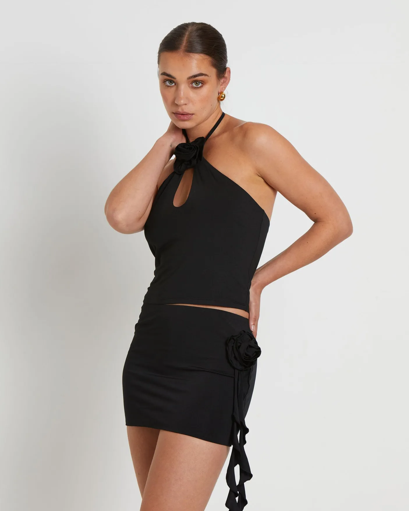 Dovie Corsage Halter Top in Black