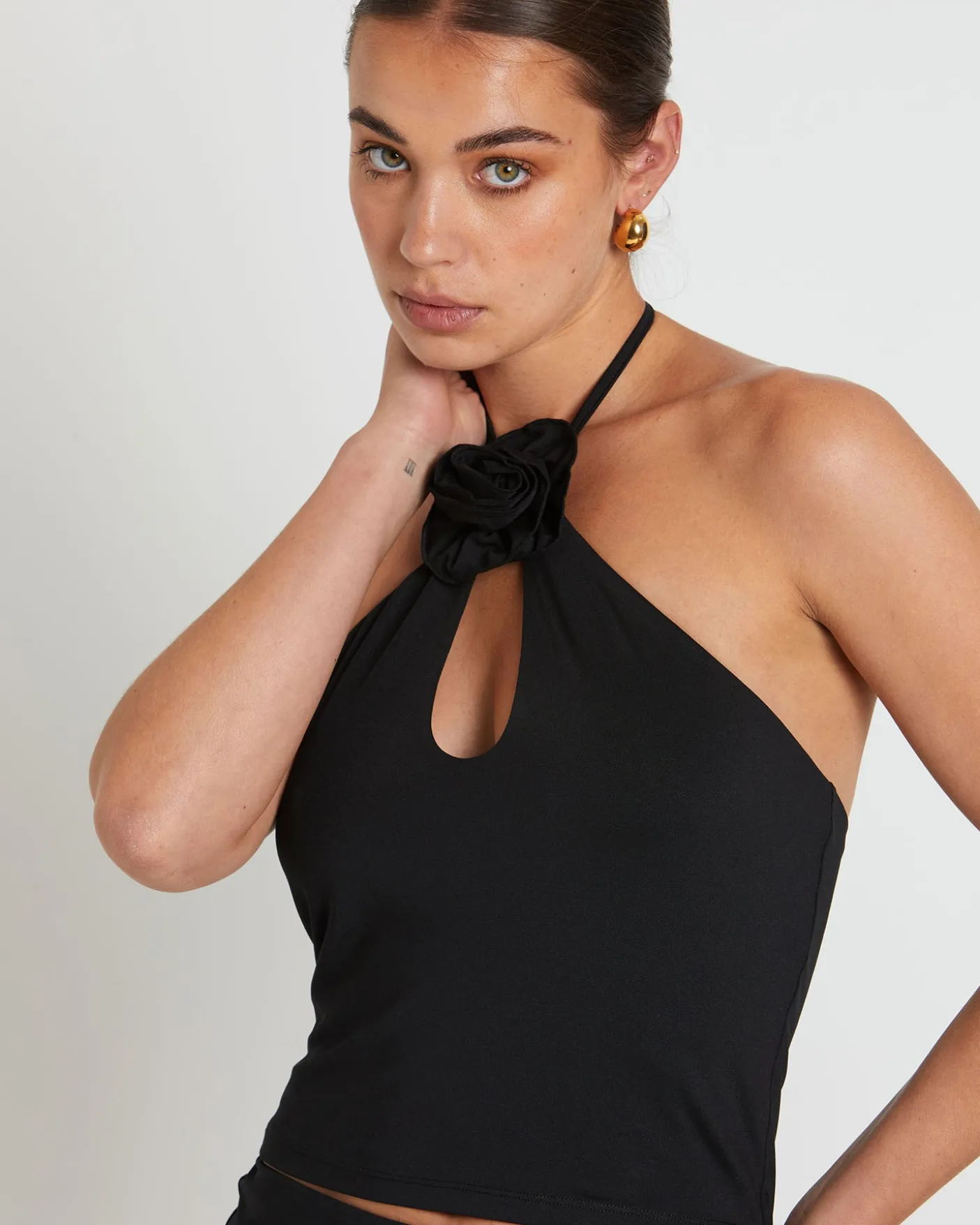 Dovie Corsage Halter Top in Black