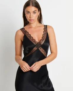 Everleigh Lace Slip Midi Dress in Black