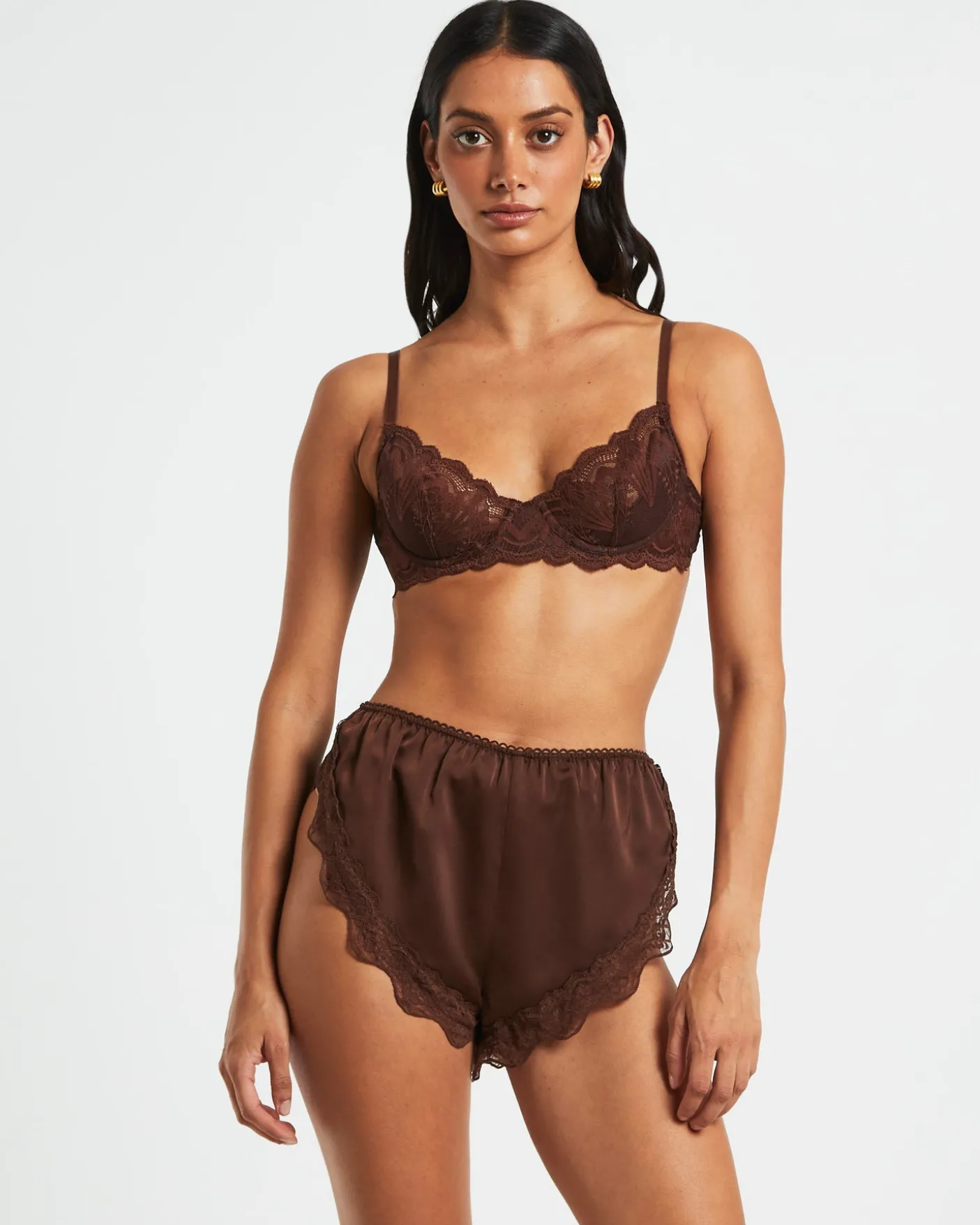 Exie Cheeky Runner Silky Shorts in Chocolate Brown