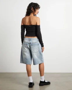 Fate Pointelle Cold Shoulder Tube Top in Black