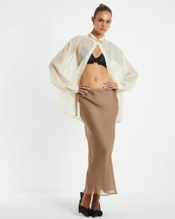 Faye Sheer Midi Skirt Brown