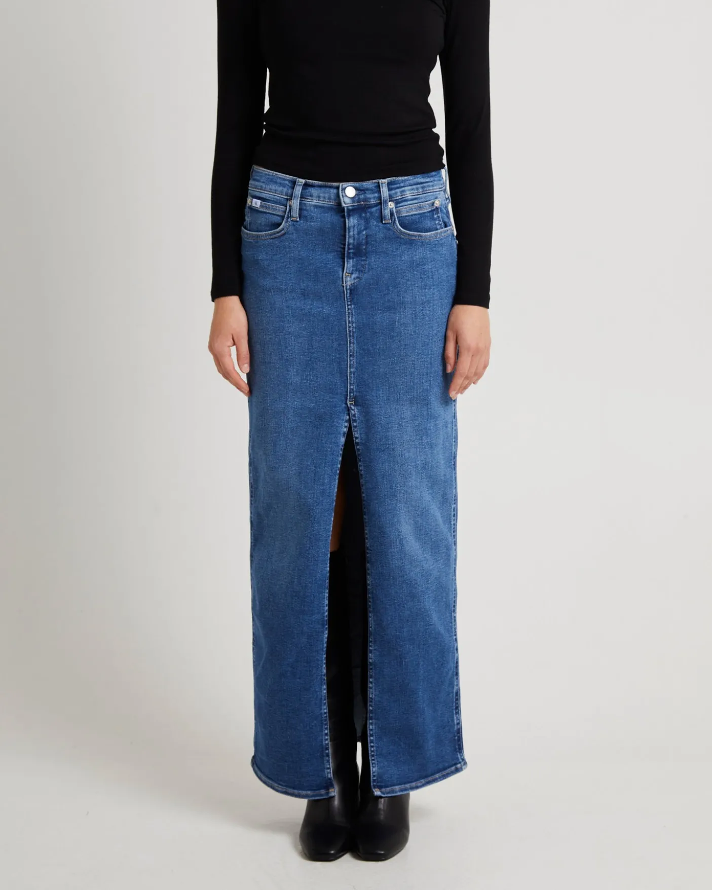 Front Split Hem Denim Maxi Skirt