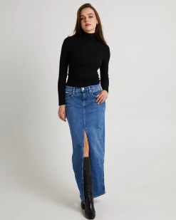 Front Split Hem Denim Maxi Skirt
