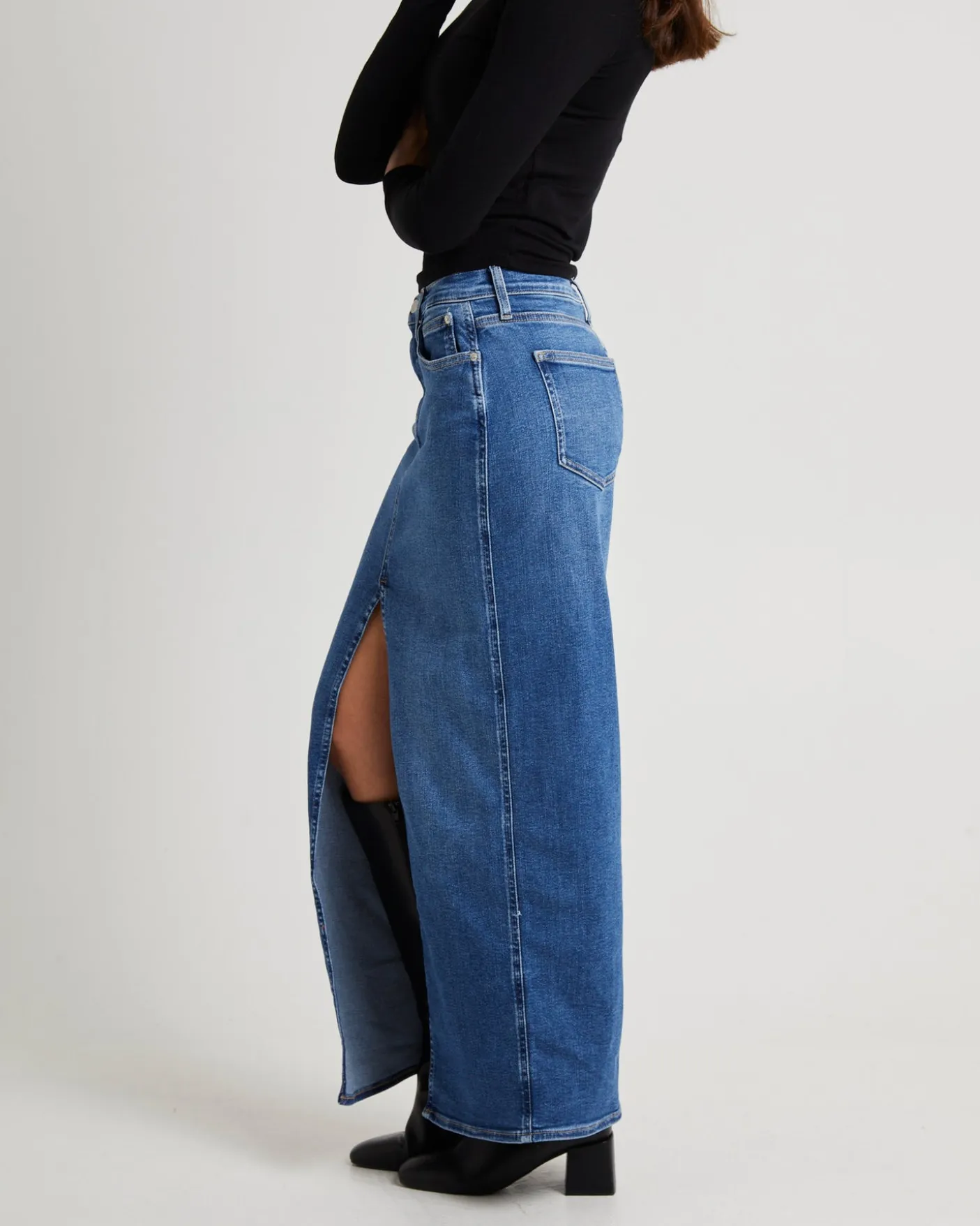 Front Split Hem Denim Maxi Skirt
