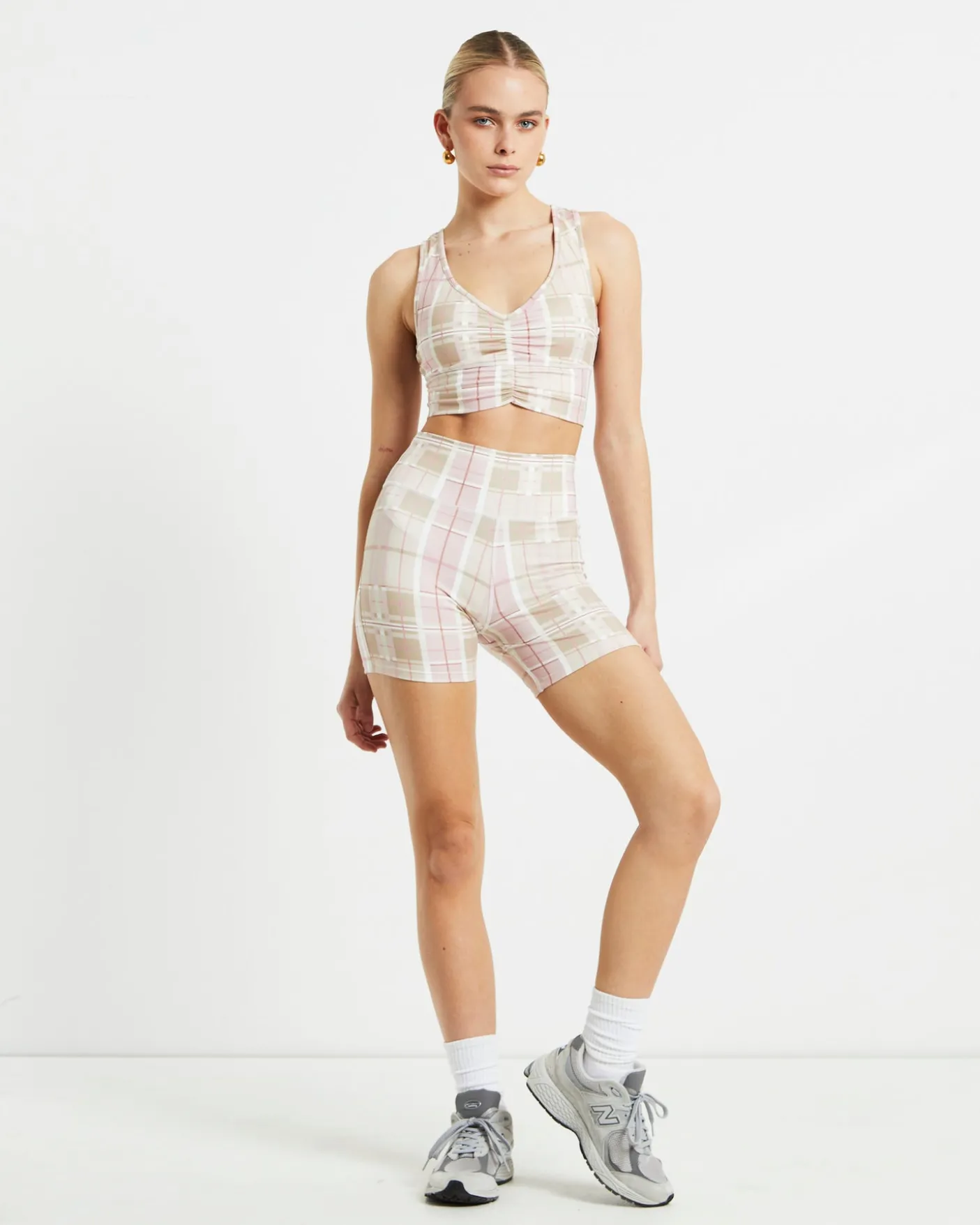 Gather Front Crop Top in Pink Check