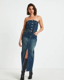 Howdy Denim Tube Midi Dress in Vintage Blue