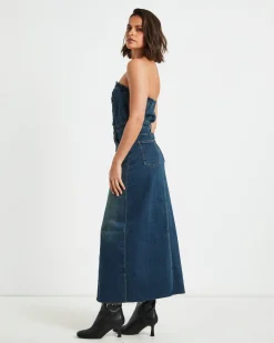 Howdy Denim Tube Midi Dress in Vintage Blue