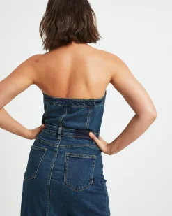 Howdy Denim Tube Midi Dress in Vintage Blue