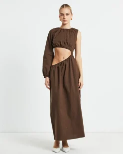 Isobel One Shoulder Cut Out Midi Dress in Chocolate
