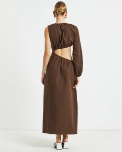 Isobel One Shoulder Cut Out Midi Dress in Chocolate