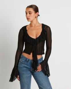 Janie Fairy Core Lace Plunge Shirt in Black
