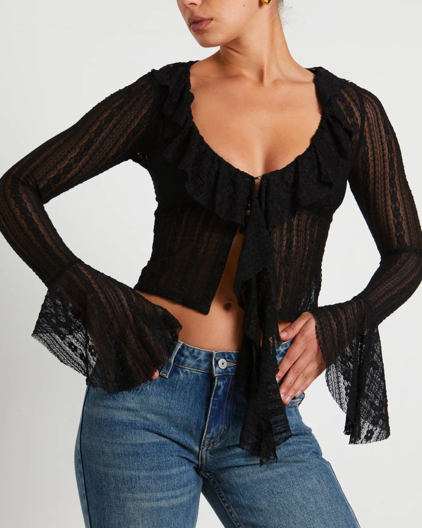 Janie Fairy Core Lace Plunge Shirt in Black