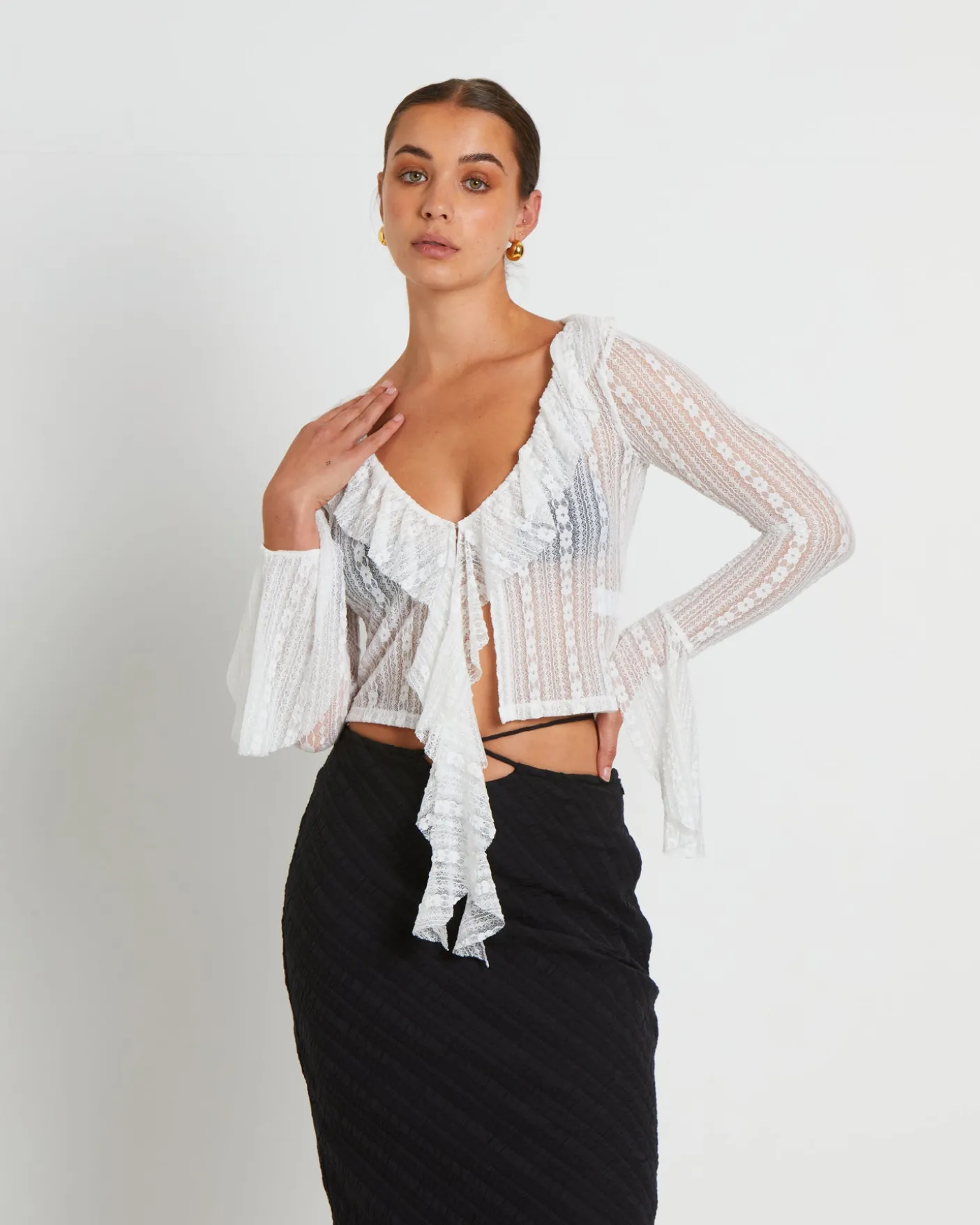 Janie Fairy Core Lace Plunge Shirt in Cream