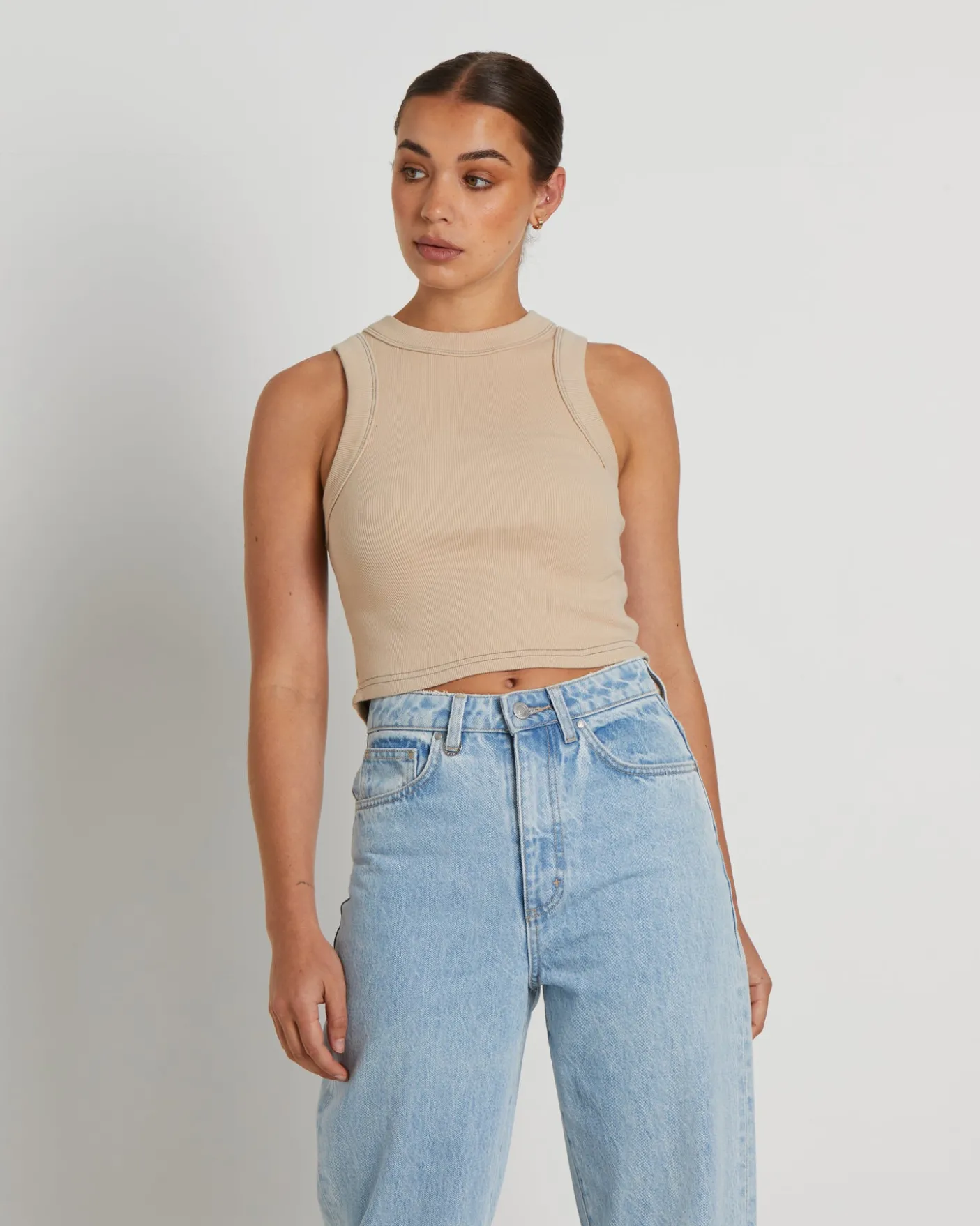 Jonesy Recut Rib Singlet in Bleached Sand