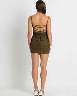 Jorje Gather Mini Dress in Olive Green
