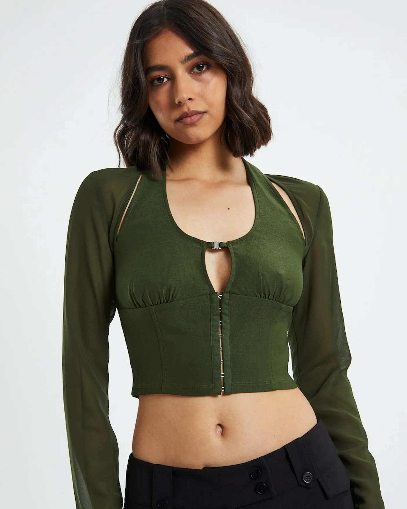 Kamali Hook Front Long Sleeve Halter Top Green