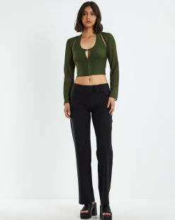 Kamali Hook Front Long Sleeve Halter Top Green