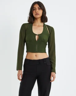 Kamali Hook Front Long Sleeve Halter Top Green