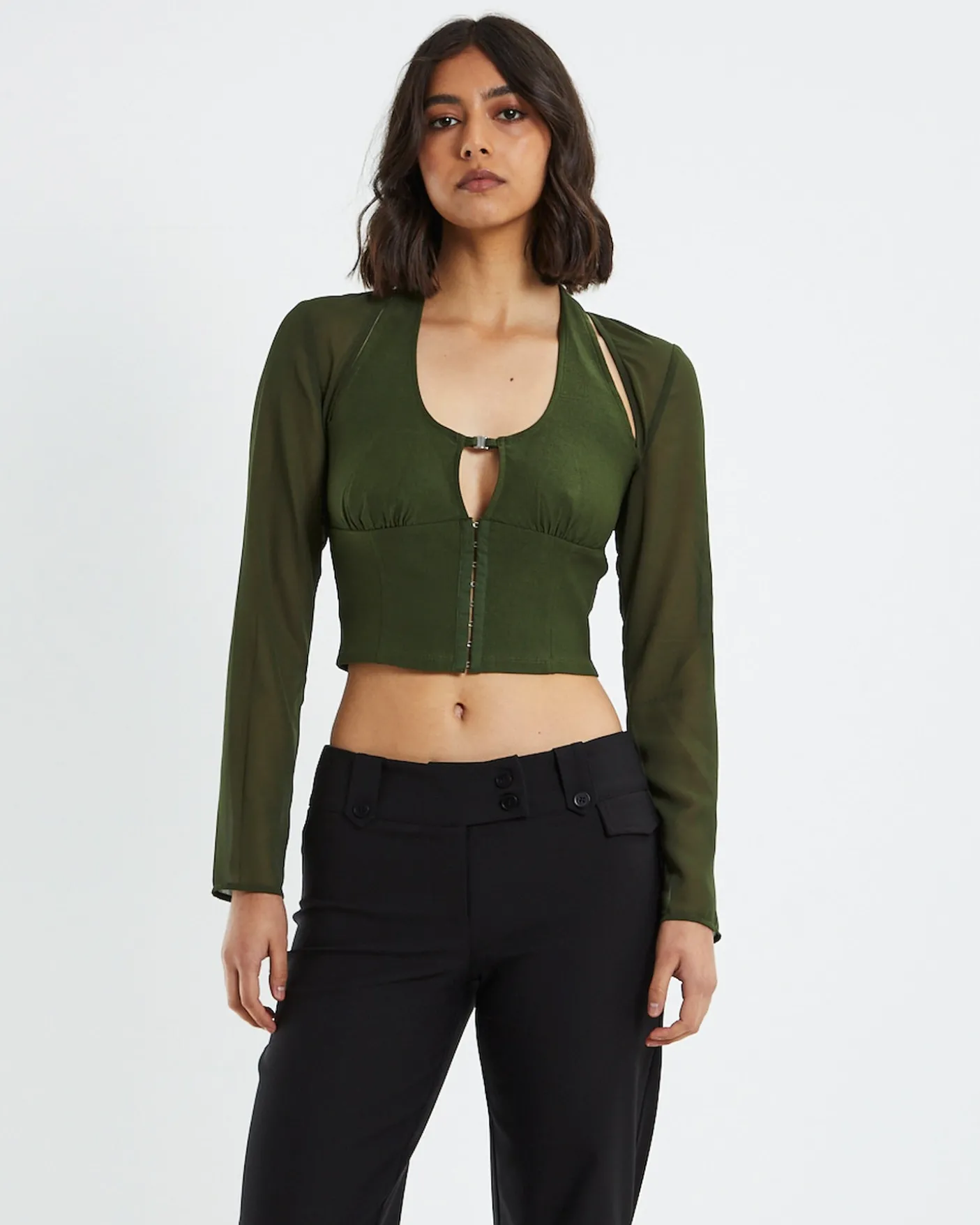 Kamali Hook Front Long Sleeve Halter Top Green