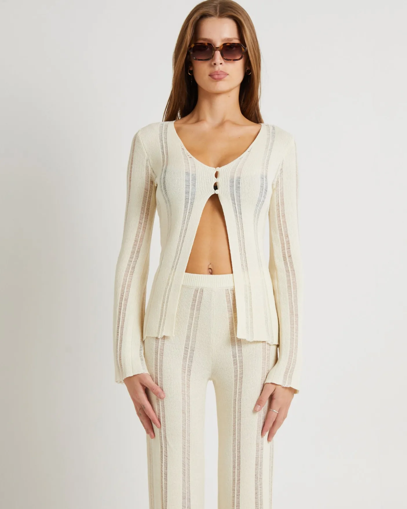 Ladder Knit Button Long Sleeve Top