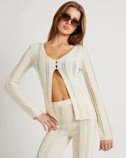 Ladder Knit Button Long Sleeve Top