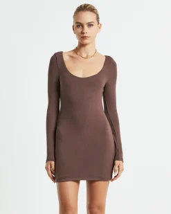 Larissa Scoop Neck Long Sleeve Mini Dress Chocolate Brown