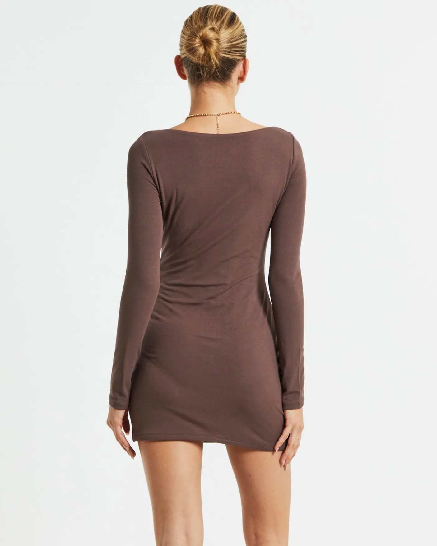 Larissa Scoop Neck Long Sleeve Mini Dress Chocolate Brown