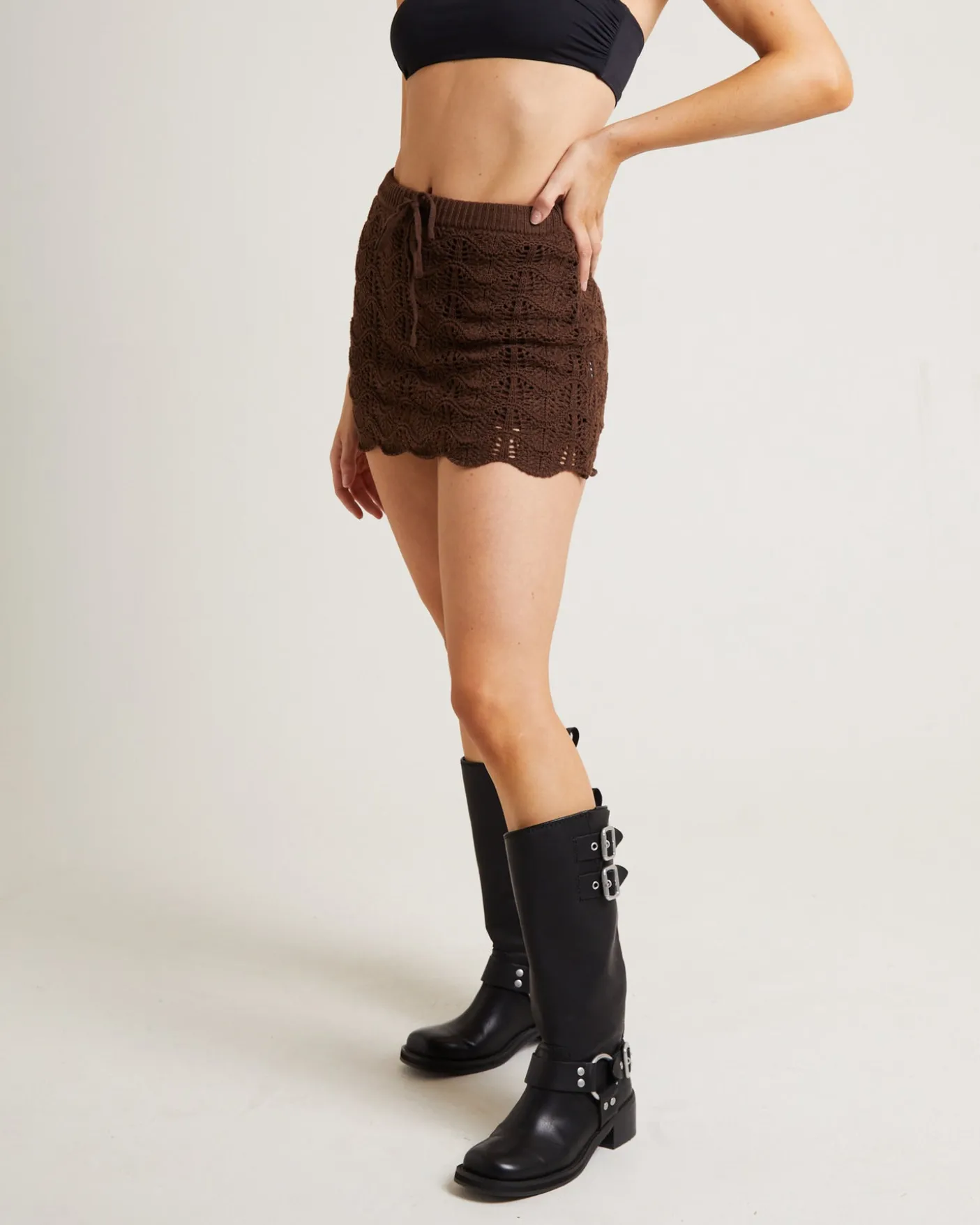Lori Scallop Crochet Mini Skirt in Chocolate Brown