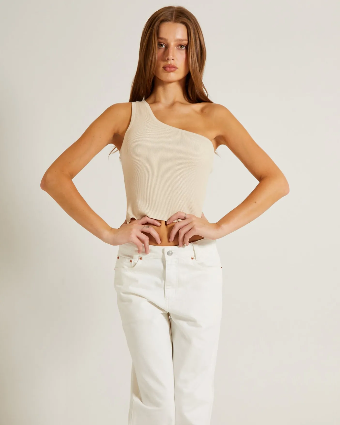 Luxe Knitted One Shoulder Top in Vintage Stone