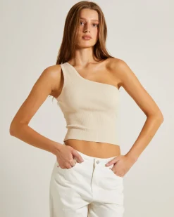 Luxe Knitted One Shoulder Top in Vintage Stone