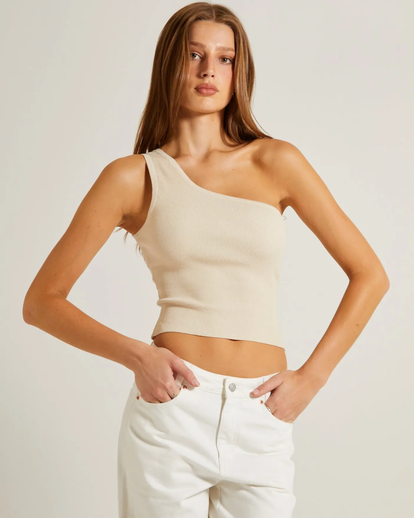 Luxe Knitted One Shoulder Top in Vintage Stone