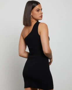 Luxe Knitted One Shoulder Mini Dress in Black