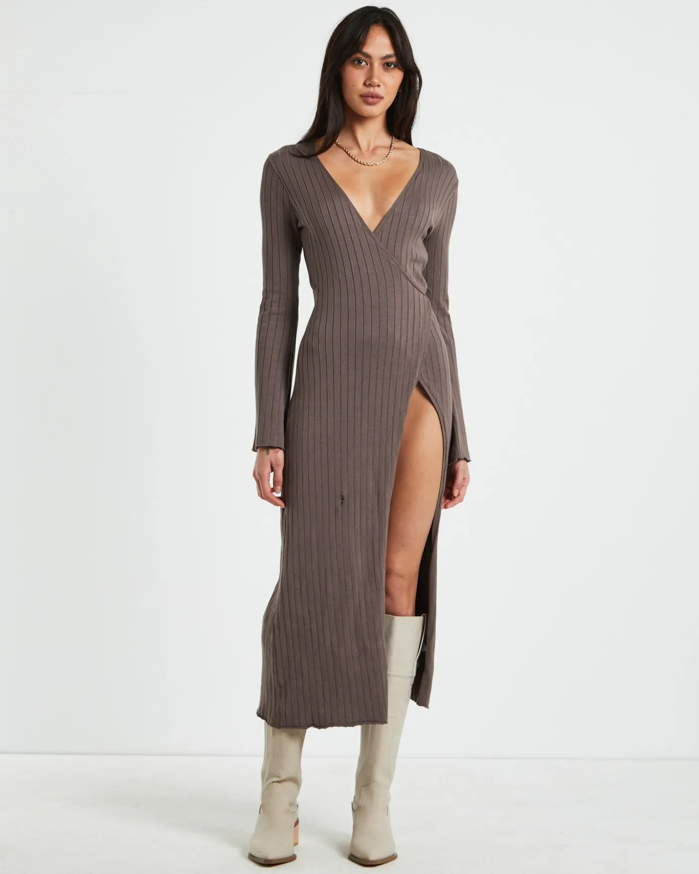 Mara Wrap Knit Midi Dress Mocha