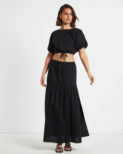 Melody Linen Puff Short Sleeve T-Shirt in Black