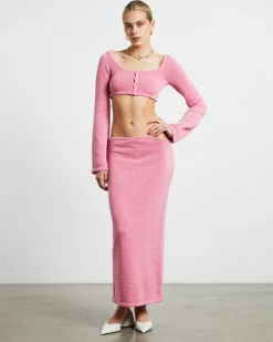 Mika Knit Fitted Long Sleeve Button Up Top in Strawberry Pink